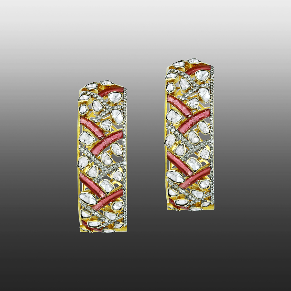 Wide Polki Hoops with Red Gemstones and Chevron Pattern